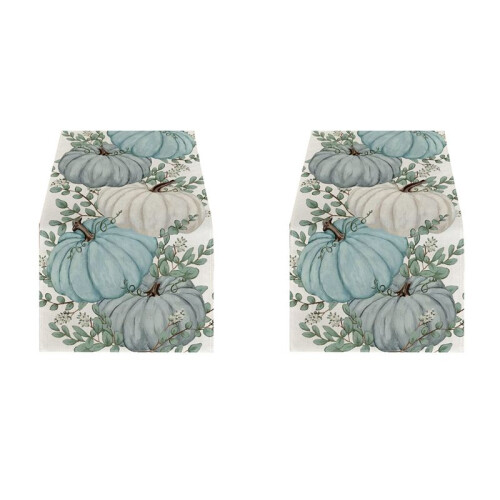 2X Fall Eucalyptus Leaves Pumpkins Table Runner, Autumn Thanksgiving Kitchen Dining Table Decoration for Indoor A 1