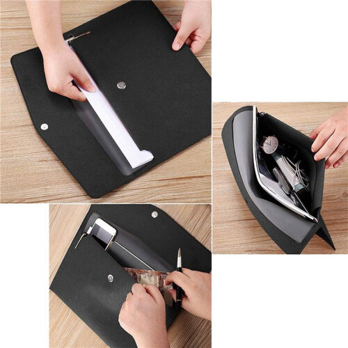 8X PU Leather A4 File Folder Document Holder Waterproof Portfolio Envelope Folder Case with Snap Closure(Black)