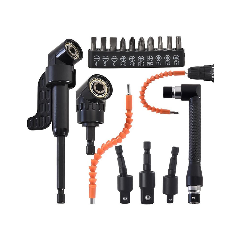 17Pcs Heavy-Duty Cr-V Steel Drill Bit Set, Flexible Bendable Extension, 90 & 105 Right Angle Attachments 6033402108283
