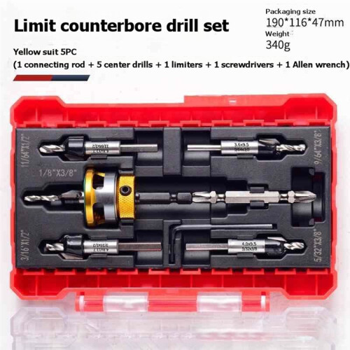Countersunk Drill Bit Set, Countersunk Drill Bit with Depth Limiter, Hex Shank Countersunk Woodworking Drill Bit Set C 1