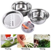 Multifunctional Stainless Steel Basin Three-Piece Suit Vegetable Cutter with Grater, Strainer and Drain Basket, 26cm