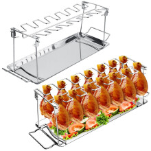 Chicken Leg Rack for Grill with Removable Drip Tray, 14 Slot Stainless Steel Chicken Drumstick Holder for BBQ Smoker Oven