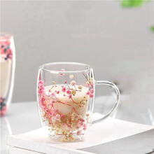 2 Stück Kreatives Doppelglas mit Echten Blumen, Hochwertige Optik, Volle Sternen-Trockenblumen, Milch- und Kaffeeglas für Den Haushalt, 350 Ml