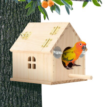 Wooden Bird Nesting Box with Window, Rainproof Parakeet House for Small Birds Outdoor