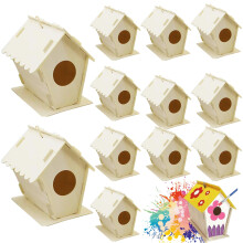 12Pcs Wooden Bird House Set, DIY Unpainted Rustic Birdhouses with Hanging Hook for Garden or Outdoor Decor