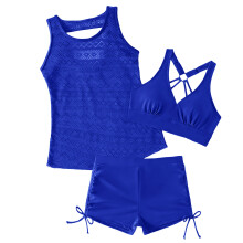 Gorgeous Sheer Net 3 Piece Tankini Set For Water-royal blue XL