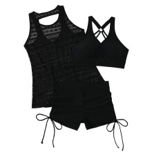 Fashionable Mesh Tankini Outfit 3 Piece Swimsuit with-Black XL