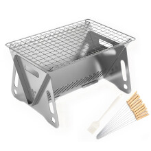 Portable Charcoal Grill Foldable BBQ for Camping, Stainless Steel Mini Fire Pit with Skewers and Brush