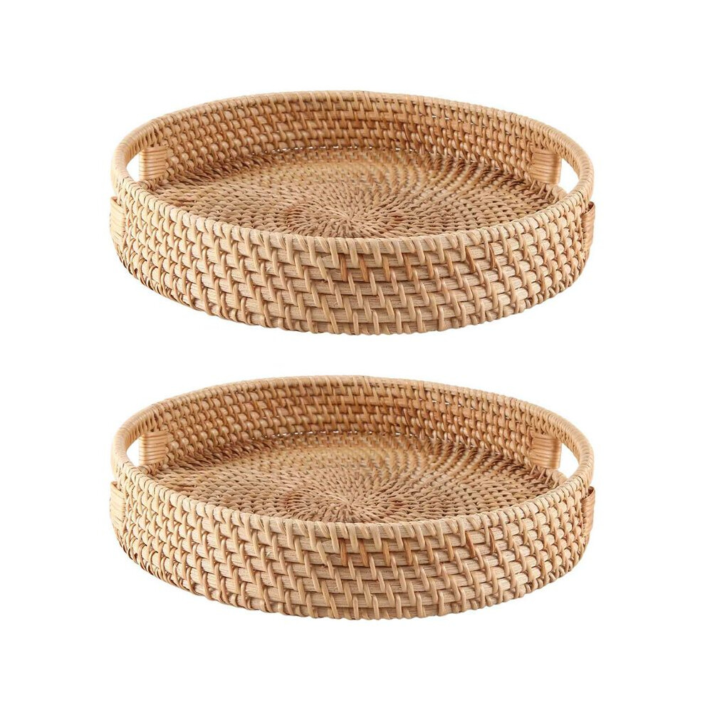 Brecantia 2X Round Rattan Serving Tray Decorative Woven Ottoman Trays With Handles For Coffee Table Natural(Small)