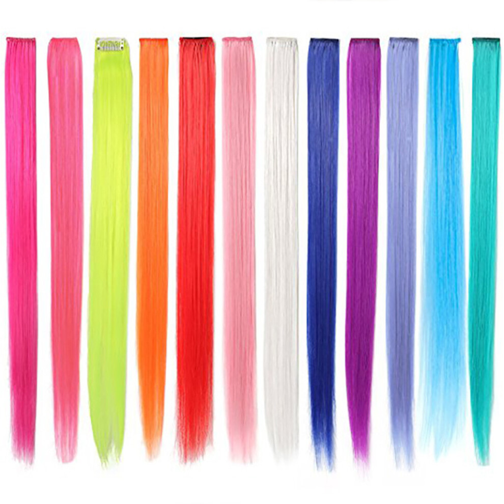 Unisex 12Pcs Colorful Straight Hair Extensions, 60Cm Clip-In Wigs For Kids & Girls