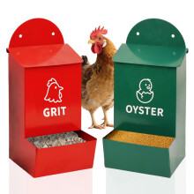 Rustproof Metal Chicken Feeder and Oyster Shell Feeder 2 Pack, Rainproof Dual Compartment Wall Mounted Poultry Feeder for Outdoor Coops