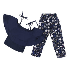 Kleidung Kinder Mädchen Kinder Mode Chiffon Schulterfrei Oberteil + Blumen Hosen Zwei Teiler Kinder Sommer Anzug Mädchen Ausrüstung Marine 110
