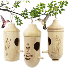 Natural Wooden Hummingbird House for Outdoor Hanging, Breathable Nesting Shelter for Garden Birds