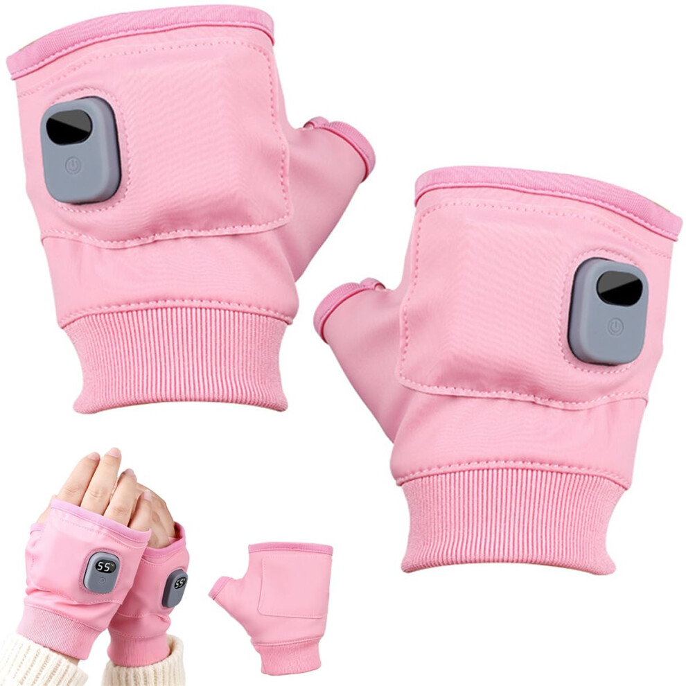 Rechargeable Heated Fingerless Gloves With Digital Display, Fast Heating For Outdoor Work And Cycling (Light Red) 9330225947486