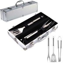 3Piece Stainless Steel BBQ Grill Tool Set with Aluminum Carrying Case for Outdoor Cooking and Camping