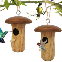 Outdoor Wooden Hummingbird House 2 Pack with Hemp Rope Hanging Natural Mushroom Shape Shelter