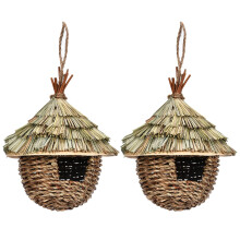 2 Pack Grass Woven Bird House, Natural Hummingbird Nesting Shelter with Hemp Rope for Garden Hanging