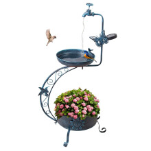 Blue Outdoor Bird Bath with Solar Light, Vintage Pedestal and Flower Planter, 36in Metal Garden