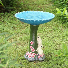 Small Garden Bird Bath with Handmade Bunny, Durable Polyresin Tree Pedestal, 7.87 Inch Outdoor Bowl