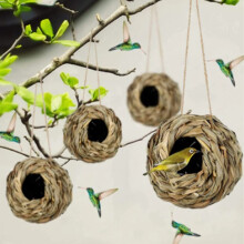 Set of 4 Hand Woven Hanging Bird Houses Ball Shaped Artificial Grass Nest for Outdoor Decor
