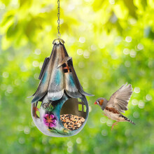 Solar Bird Feeder with Light, 2 in 1 Hanging Iron Birdhouse for Garden Backyard Wild Birds