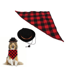 Dog Cowboy Hat & Scarf Costume Set - Black Red Grid, Adjustable Size