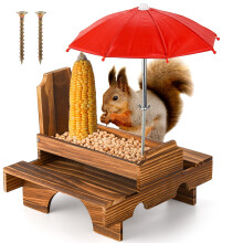 Wooden Squirrel Feeder with Umbrella Roof and Corn Cob Holder, Outdoor Picnic Table Design