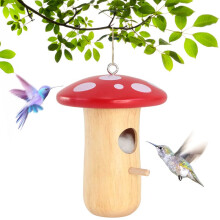 Mushroom Shaped Wooden Hummingbird House with Hemp Rope for Outdoor Hanging Garden Decoration