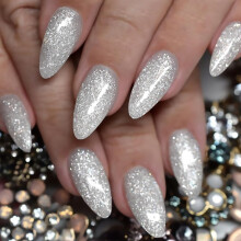 White Glitter Press On Nails Medium Almond Acrylic Reusable Nail Tips Easy Home Application 24Pcs