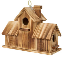 Wooden Outdoor Bird House for Garden with 3 Holes Houses Three Bird Families Hanging for Backyard
