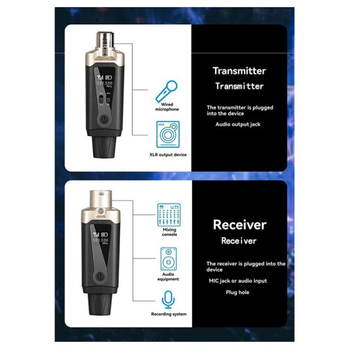 2X UHF Wireless Microphone System Wireless Transmitter Receiver XLR Mic Converter Adapter for Condenser Dynamic Mic 2
