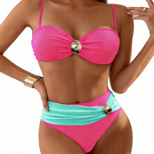 Women's Color Block Bikini Set, Two Piece Swimsuit with-Pink M