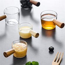 6PCS Transparent Glass Creamer with Wooden Handle, Coffee Milk Creamer Pitcher. 50Ml