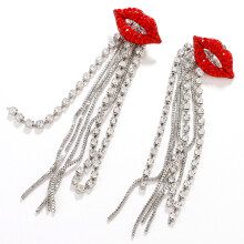 Trendy Shiny Full Crystal Red Lip Long Tassel Drop Earring Vintage Rhinestone Chain Earrings for Women Party Jewelry