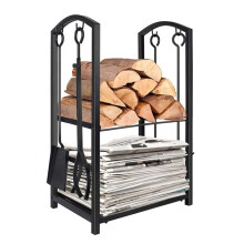 Heavy Duty Firewood Rack with 4 Tools, Metal Indoor Outdoor Log Holder for Compact Wood Storage