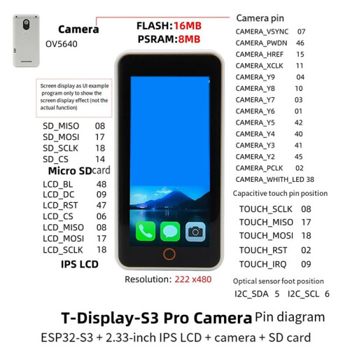5MP OV5640 Camera T-Display-S3-Pro ESP32-S3 Touch Display 2.33inch LCD Development Board I2C Sensor Module WiFi C 2