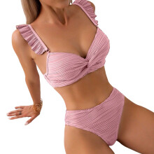 Women High Swimsuit Pleated Ruffle Padded Swimwear-Pink L