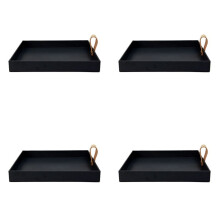 4X Square PU Leather Serving Tray Decorative Dish Cosmetics Sundries Desktop Storage Plate with Handle(Black)