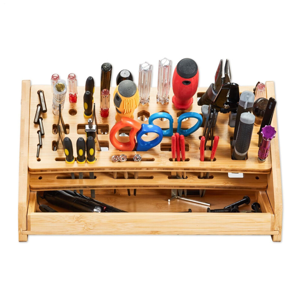 Wooden Tool Organizer With 53Hole Screwdriver Holder, Twotier Rack And Tray For Workbench 9092120612189