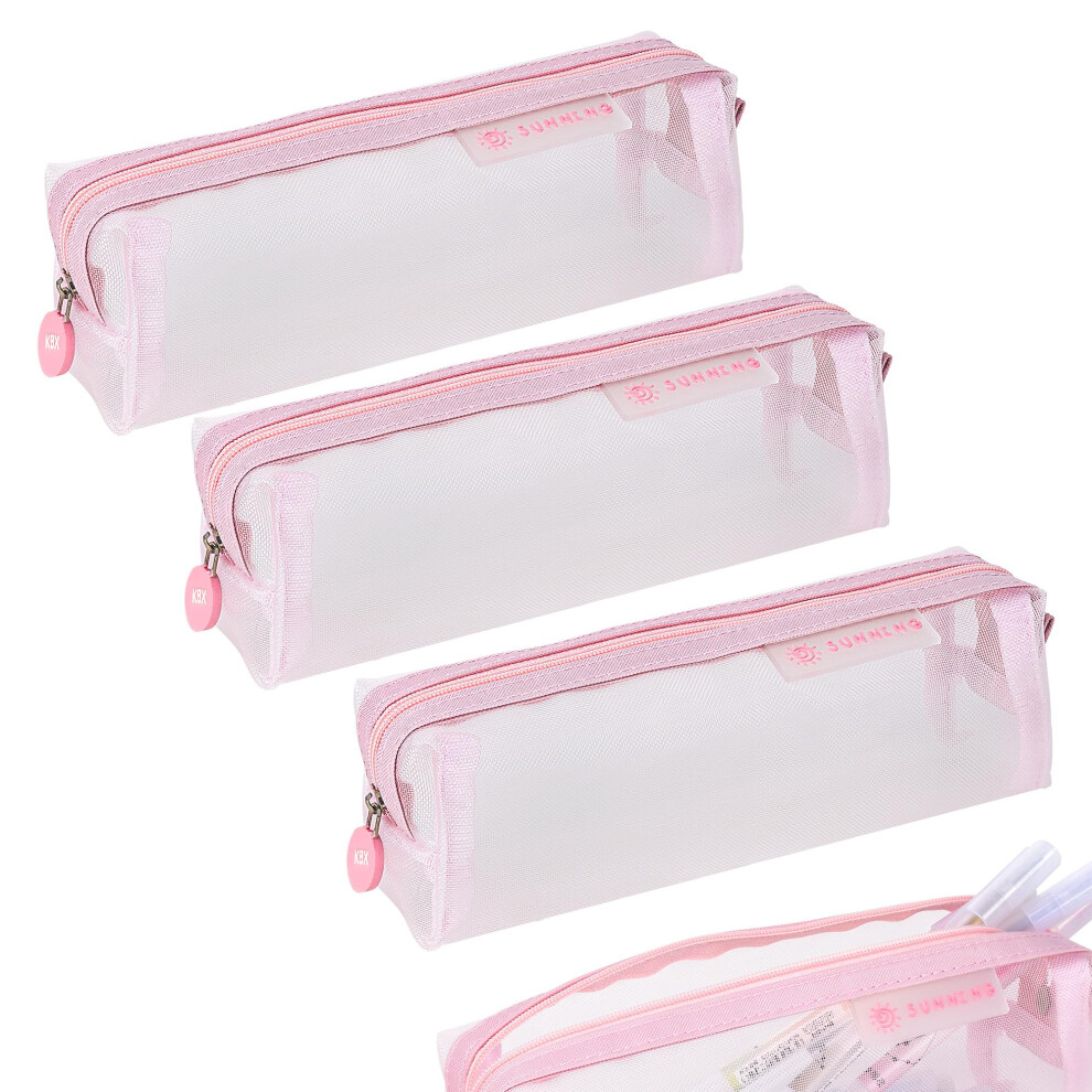 Pink Nylon Mesh Makeup Brush Bag Set With Clear Visibility And Zipper Closure For Travel And Cosmetics (3Pcs)