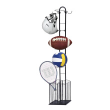 Sports Equipment Organizer Ball Storage Rack with Basket and Hooks, Durable Iron Frame for Garage