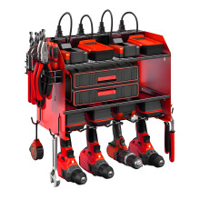 Wall Mounted Power Tool Organizer with 8Outlet Charging Station, 4Layer Drill Rack and Magnetic Hooks for Garage Workshop