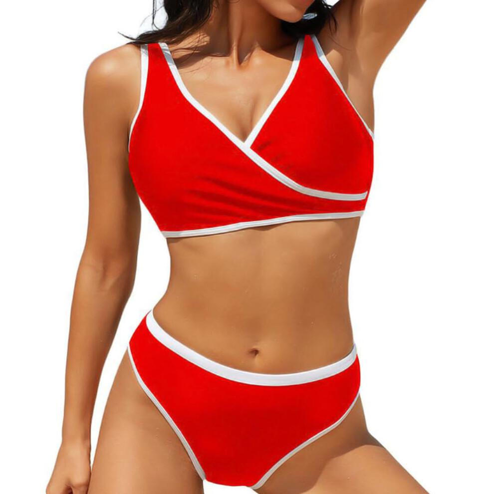 Women's High Waist  Set,  V-Neck Two Piece Swimsuit-Red XL