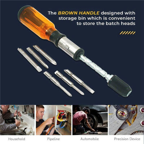2X Push Pull Ratchet Screwdriver Set 5 in 1 Screwdriver Bit Set Sleeve Driver Bit-Holder Ratchet Socket Screw Kit Brown 2