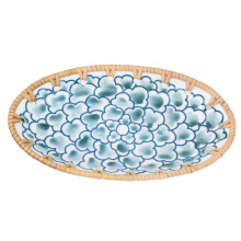 Woven Rattan Ceramic Fruit Plate 19.5cm Ink Blue Flowers Elegant Design