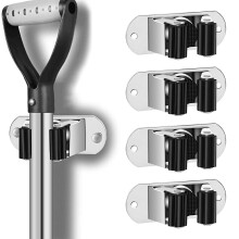 Heavy Duty Broom and Mop Holder Wall Mount Stainless Steel Organizer for Garage Laundry Room Silver