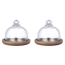 2X Multifunctional Dessert Serving Stand Acacia Cake Dish with Dome Lid Platter Cake Plate for Home Hotels