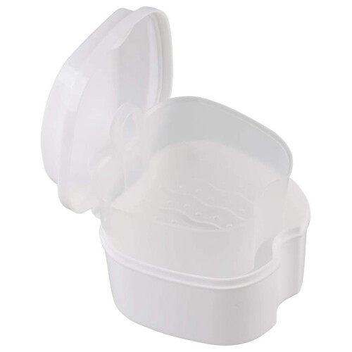 White Denture Case, Denture Cup with Strainer, Denture Bath Box False Teeth Storage Box with Basket Net Container Holder for Travel