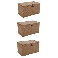 3X Handmade Straw Woven Storage Basket with Lid Makeup Organizer Storage Box Laundry Baskets Rattan Jewelry Box(M)