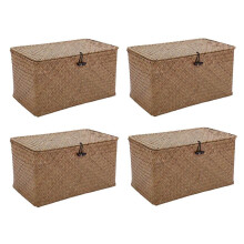 4X Handmade Straw Woven Storage Basket with Lid Makeup Storage Box Seagrass Laundry Baskets Rattan Jewelry Box(M)